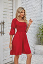 Summer Women Clothing Square Collar Puff Sleeve Pleating Backless Dress Women