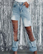 Early Spring Big Ripped Jeans Women Chain Ornaments Straight Leg Pants