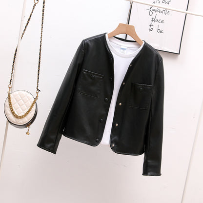 Classic round Neck Single Breasted Faux Leather Coat Women Short Casual Leather Jacket Spring Autumn