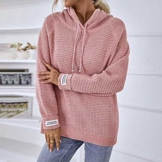 Solid Color Pullover Women Knitwear Autumn Winter Hooded Drawstring Sweater Women