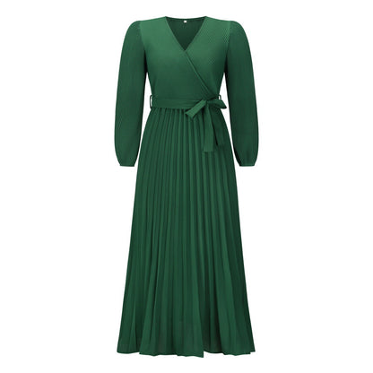 Autumn Winter Women V neck Long Sleeve Pleated A line  Mid Length Dress