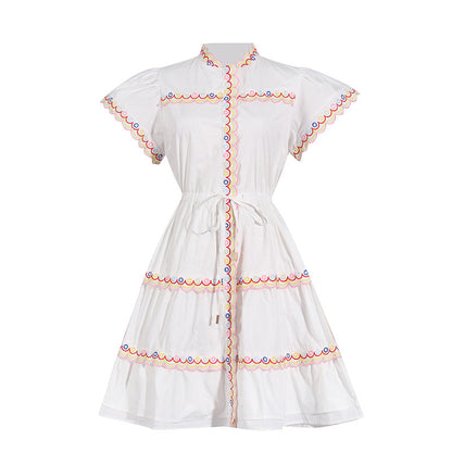 Summer Seaside Vacation Summer Round Neck Color Ruffled Short Flying Sleeves Dress Women