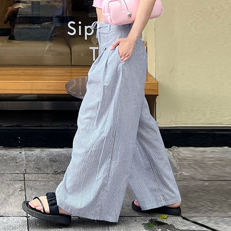 Casual High Waist Slimming Pleated Design Loose Wide Leg Pants Women Summer Stripes Woven Straight Leg Pants