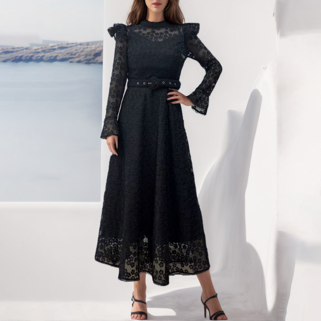 Bohemian Spring round Neck Long Sleeve Mesh Embroidered See through Maxi Dress