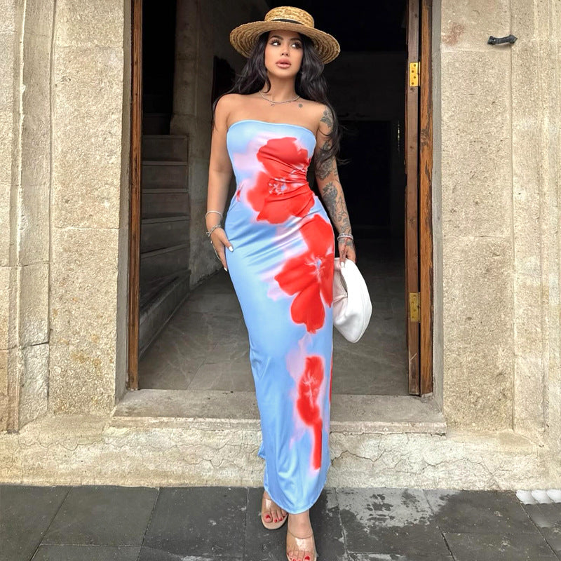 Women Clothing Summer Tube Top Floral Print Slim Fit High Waist Slit Maxi Dress