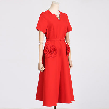 French Elegant Spring V neck Solid Color Half Sleeve A line Dress Flounced Dress Swing Dress for Women