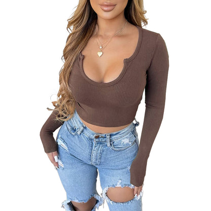 Women Clothing Nightclub Comfortable Solid Color Sunken Stripe U Neck Long Sleeved Short Top