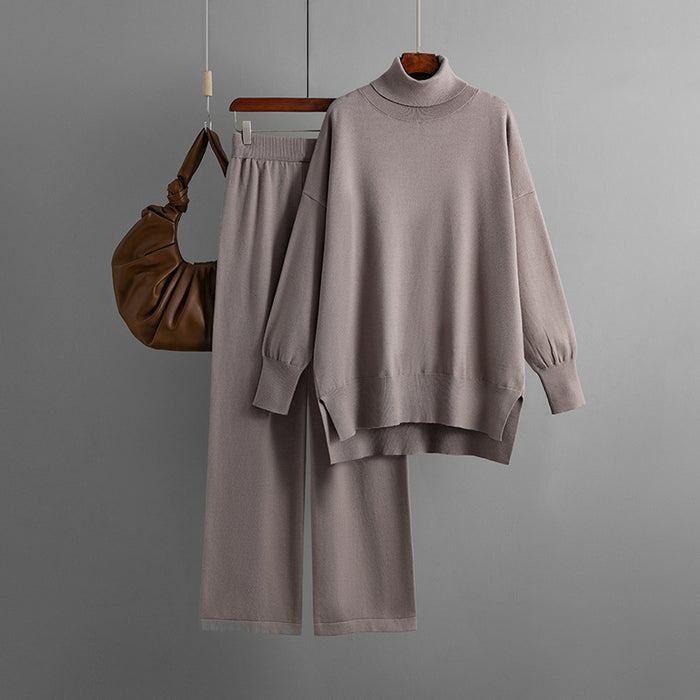 Turtleneck Sweater Suit Autumn Winter Women Solid Color Slit Sweater Loose Casual Knitted Two Piece