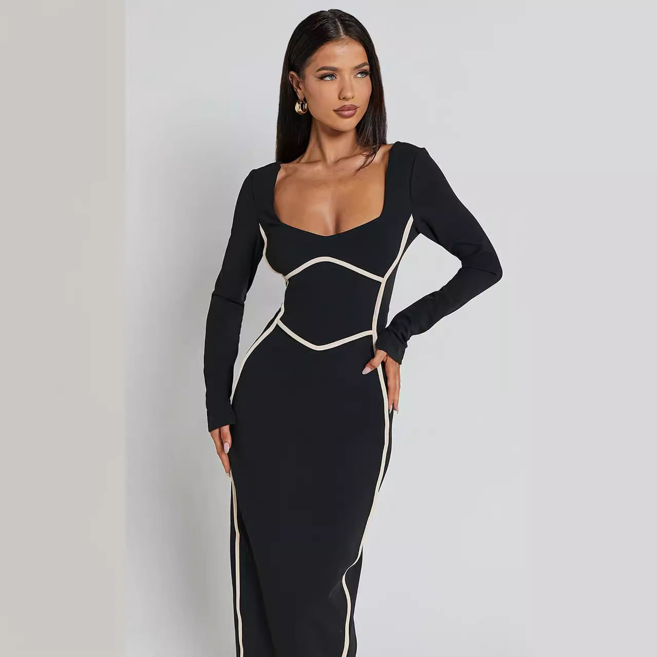 Knitted Long Sleeved Backless Sexy Dress U Collar Color Contrast Patchwork Waist Tight Pencil Lead Dress