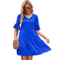 Women Casual Pleated Short Sleeves Short Dress Lace Up Bohemian High Waist Mini Dress