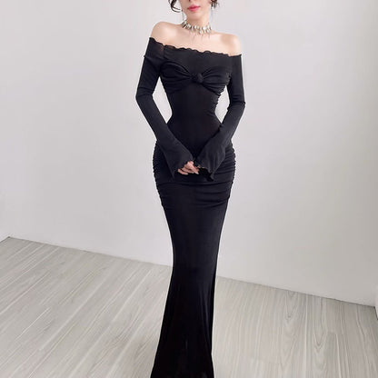 Fall Maxi Dress Elegant Sexy Slim Off Shoulder Chest Show Dress Women