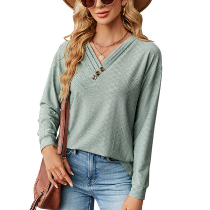 Autumn Winter Solid Color V-neck Button Loose Long-Sleeved T-shirt Top Women Clothing