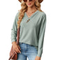 Autumn Winter Solid Color V-neck Button Loose Long-Sleeved T-shirt Top Women Clothing