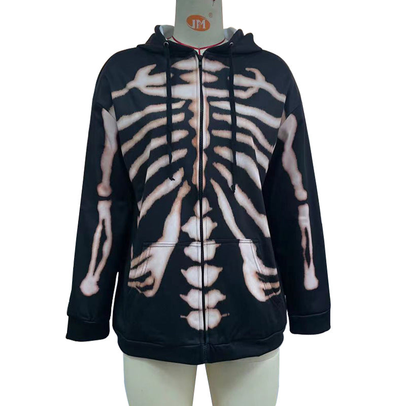 Women Halloween Skull Printed Long Sleeved Zipper Halloween Hoodies