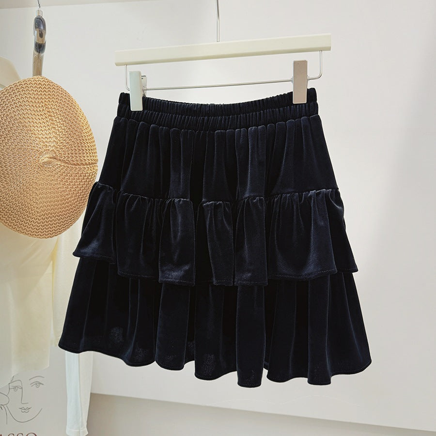 Gold Velvet Tiered Skirt Women Autumn Winter High Waist Slimming Small A Line Bubble Short Skirt