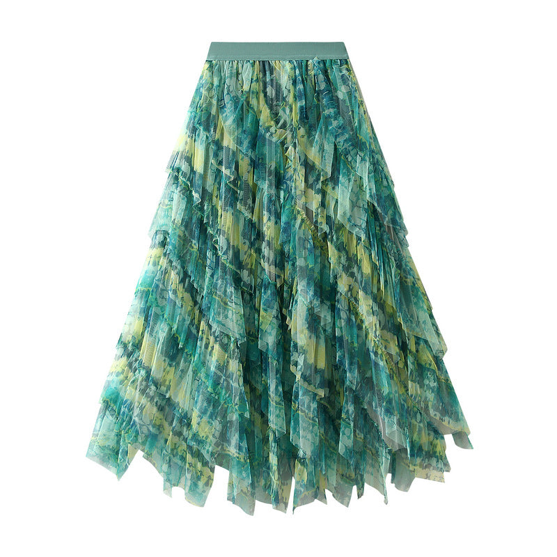 Advanced Gauze Skirt Gradient Green Multi Section Lace Irregular Asymmetric Stitching Oversized Hem Half Length Tulle