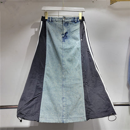 Cool Popular Brand Retro Sports Casual Patchwork Mid Length Denim Skirt Spring Half Length Skirt