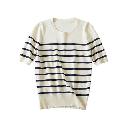 Spring Summer Women Clothing All Matching Striped round Neck Short Sleeve Basic Knitted Top