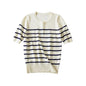 Spring Summer Women Clothing All Matching Striped round Neck Short Sleeve Basic Knitted Top