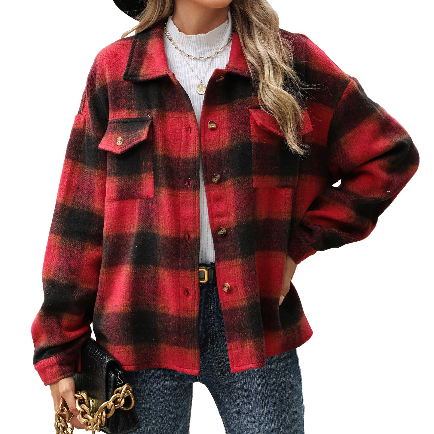 Autumn Winter Polo Collar Plaid Long Sleeve Loose Coat Women