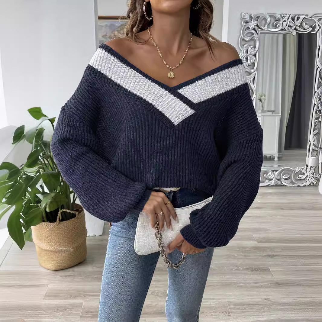 Women Clothing Color Contrast Patchwork Large V neck Loose Woven Sweater Pullover