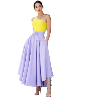Summer Elegance Retro Solid Color Wide Hem Skirt