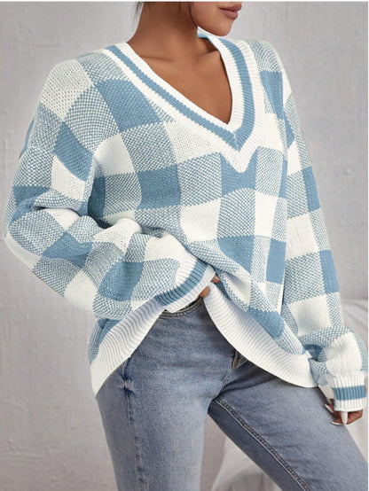 Women Clothing Autumn Winter V neck Sweater Casual Plaid Long Sleeve Sweater Sweater for Women