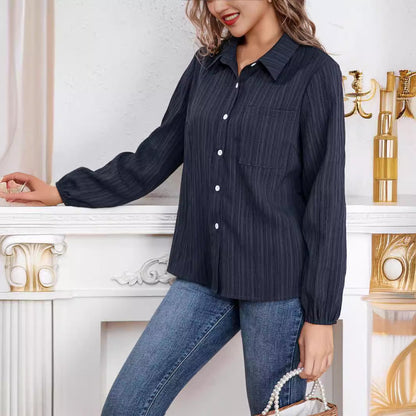 Blue Striped Polo Collar Shirt Women Loose Slimming Casual Shirt Autumn Top