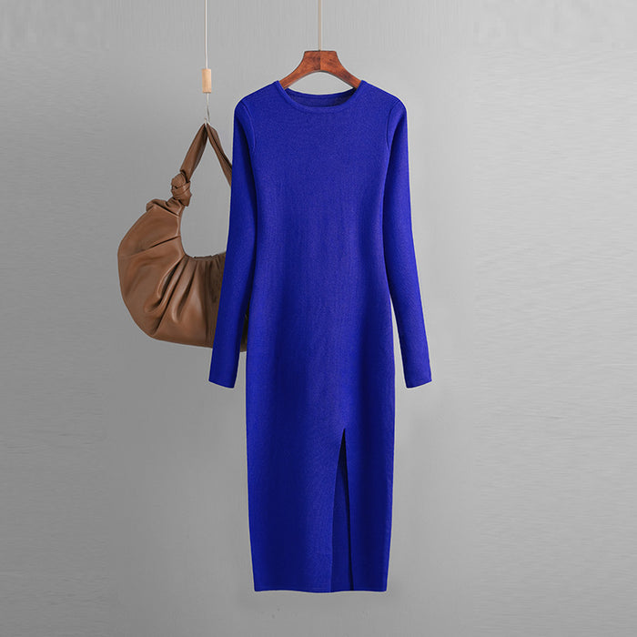 Autumn Winter Slim Fit Knitted Dress Women Inner Wear Outer Wear Mid Length Long Sleeve Tight Bottoming Hip