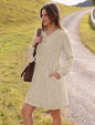 Women Clothing V Neck Pocket Sunken Stripe Brushed Long Sleeve Casual Dress