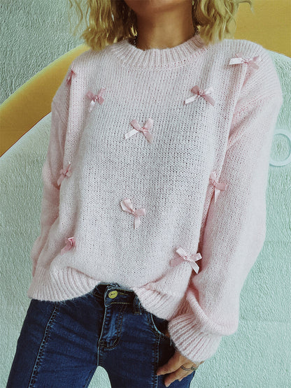 Autumn Winter Loose Bow Design Knitwear Top Women Sweet Sweater Pullover