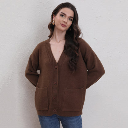 Women Clothing Women V neck Buckle Casual Sweater Cardigan Autumn Winter Women Sweater