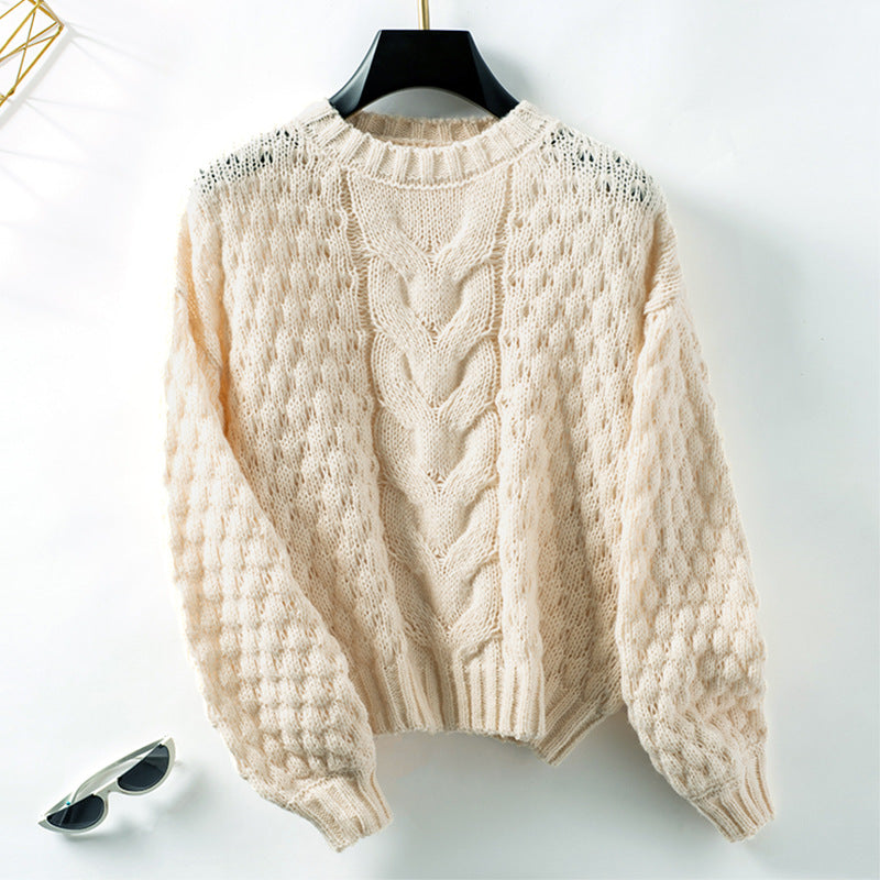 Autumn Winter Hollow Out Cutout Twisted Eight Pullover Sweater Women Loose round Neck Retro Sweater