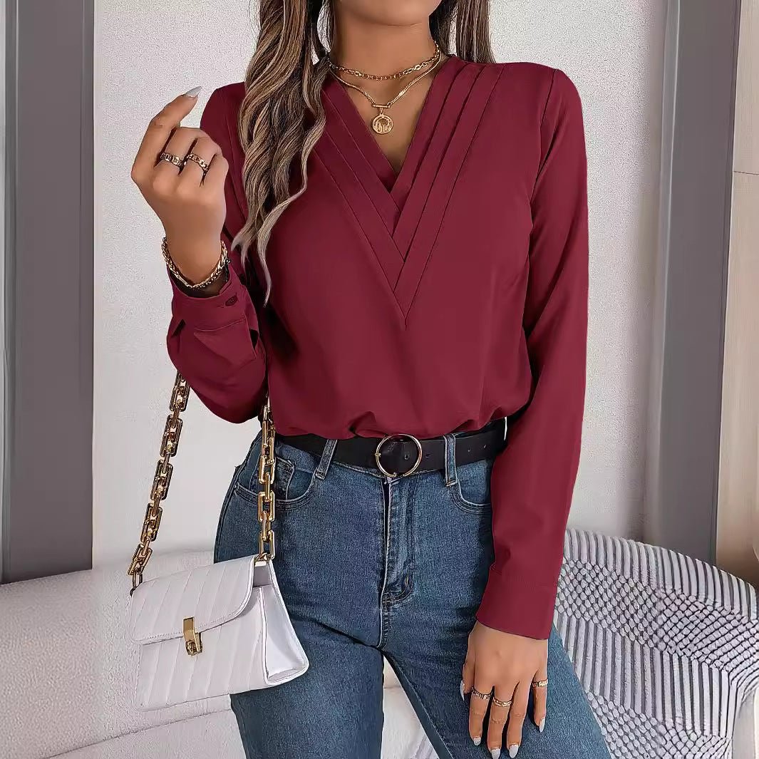 Real Shot Autumn Winter Elegant Solid Color Stacked V neck Long Sleeve Shirt Women Clothing