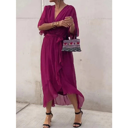 Women Clothing Solid Color Tied Maxi Dress Batwing Sleeve Irregular Asymmetric Dress