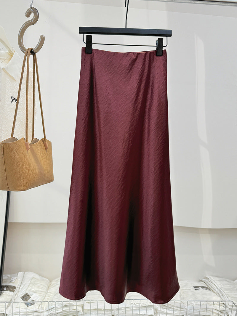 Silky Autumn Double Sided Satin Mopping Skirt Women High Waist Texture Elastic Waist All Matching Sheath Long Skirt