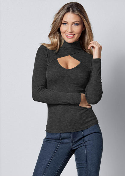 Women Wear Sexy Hollow Out Cutout Turtleneck Long Sleeve Thread Fitted Top Small Sunken Stripe Pullover