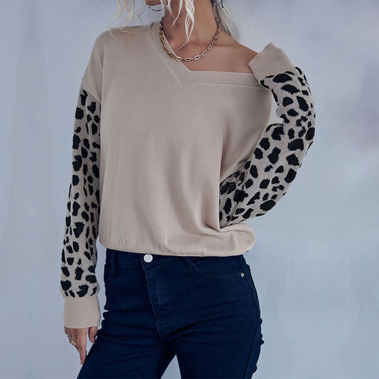 Autumn Women Wear Leopard Print Long Sleeve Knitted Sweater for Women