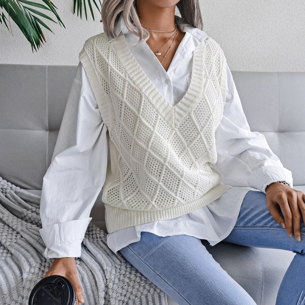 Real shot autumn winter v-neck rhombus Hollow Out Cutout casual knitted sweater vest women clothing