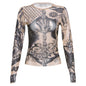 Fall Women Clothing Mesh Digital Printed round Neck Slim Fit Long Sleeved Top for Women