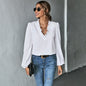 Women Ruffled V neck Loose Long Sleeve Office Ladies Shirt Top