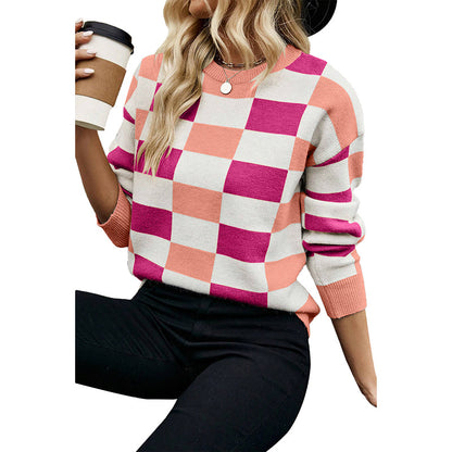 Winter Color Matching Plaid Round Neck Sweater Women Casual All Matching Warm Knitted Long Sleeve Top Women