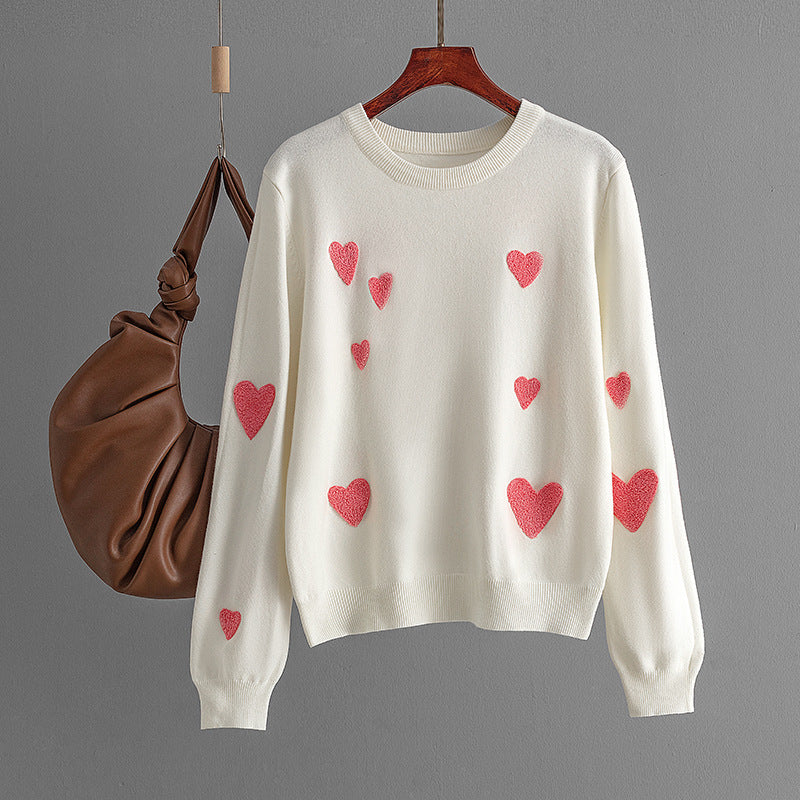 Autumn Winter Love Flocking Embroidered Crew Neck Long Sleeved Knitted Sweater Pullover Bottoming Shirt Top for Women