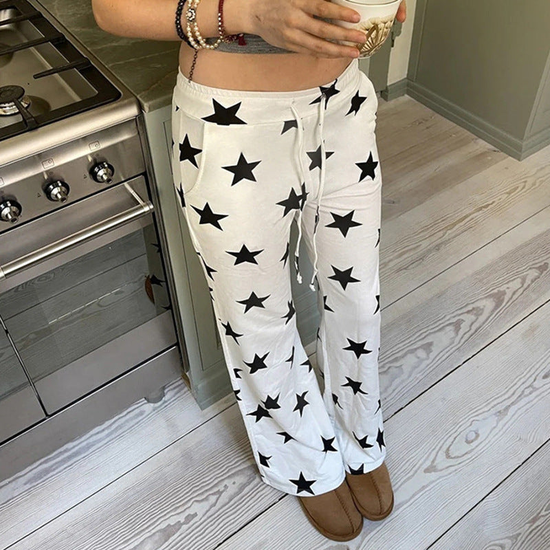 Sweet Cool Five Pointed Star Casual Micro Pull Knitted Trousers Loose Printed High Waist Wide Leg Pants