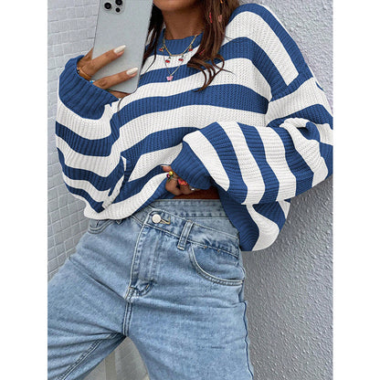 Contrast Color Striped Sweater Women round Neck Long Sleeve Loose Casual Knitted Top