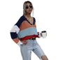 Fall Women Clothing Top V Neck Pullover Sweater Europe Striped Stitching Sweater