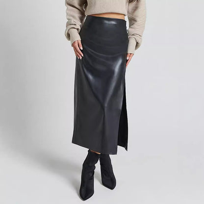 Autumn Winter Faux Leather Split Leather Skirt High Waist Zipper Skirt Slim Sheath Long Skirt Women