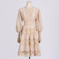 Elegant Intellectual Puff Sleeve Waist Slimming Short Dress Lace Embroidery Short Dress Women