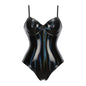 Black Faux Leather Spaghetti Strap Sexy Jumpsuit Can Be Worn outside Tight Waist Slim with Steel Ring Cup Swimsuit