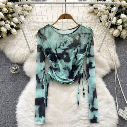 French Retro Minority Design Tie Dyed Drawstring Crew Neck T Shirt Top Fall Women Clothing Long Sleeve Slim Bottoming Shirt